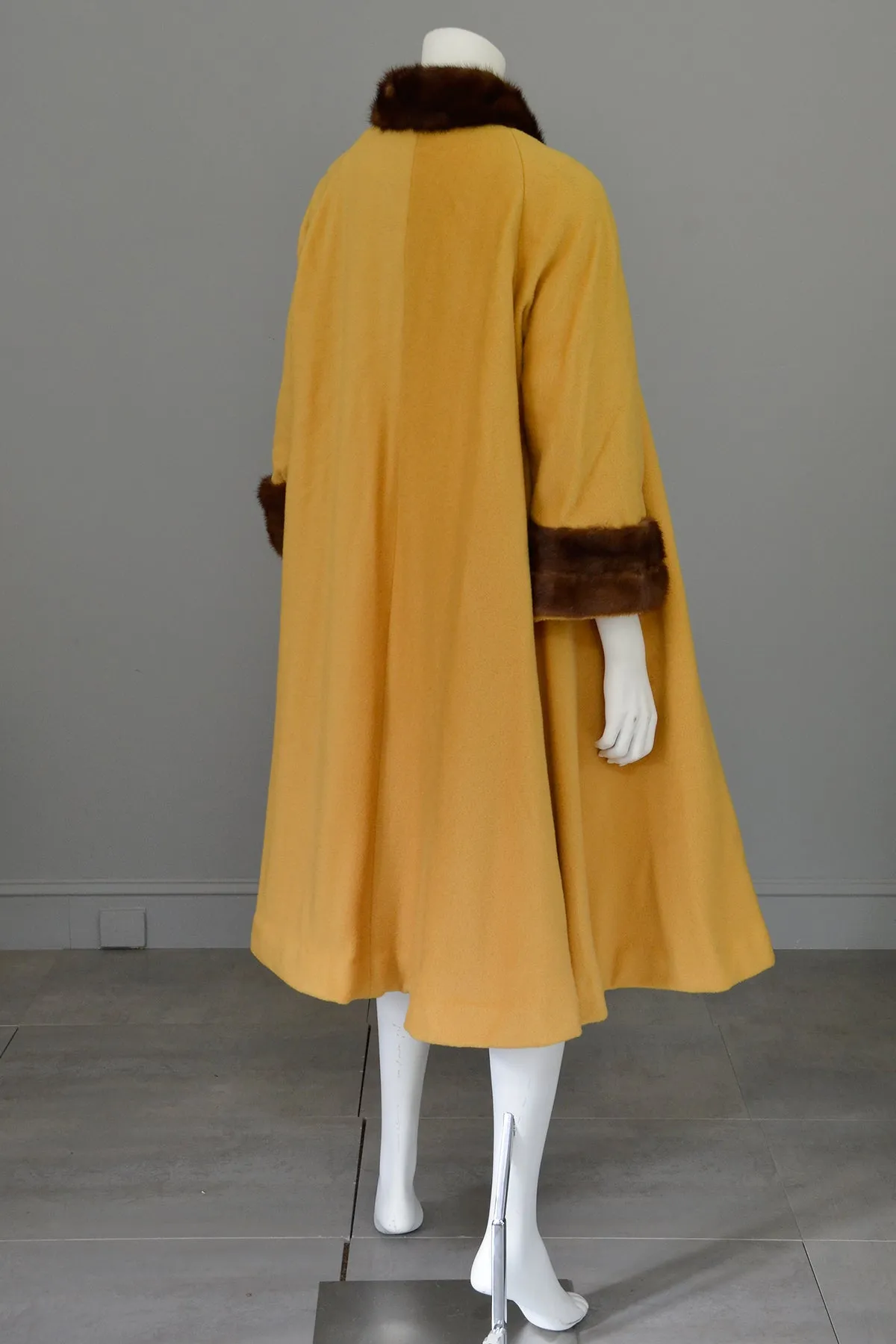 1950s 60s Mink Trim Goldenrod Swing Coat