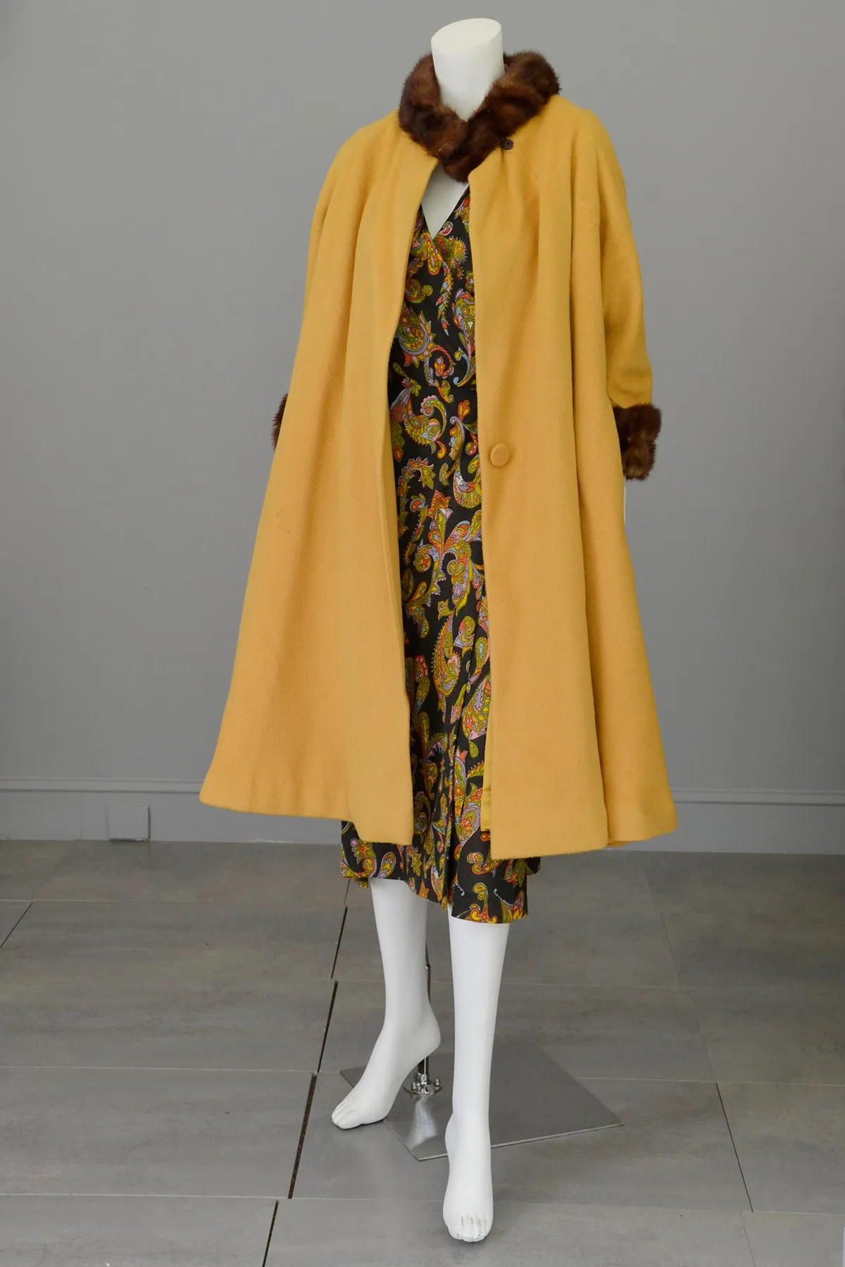 1950s 60s Mink Trim Goldenrod Swing Coat