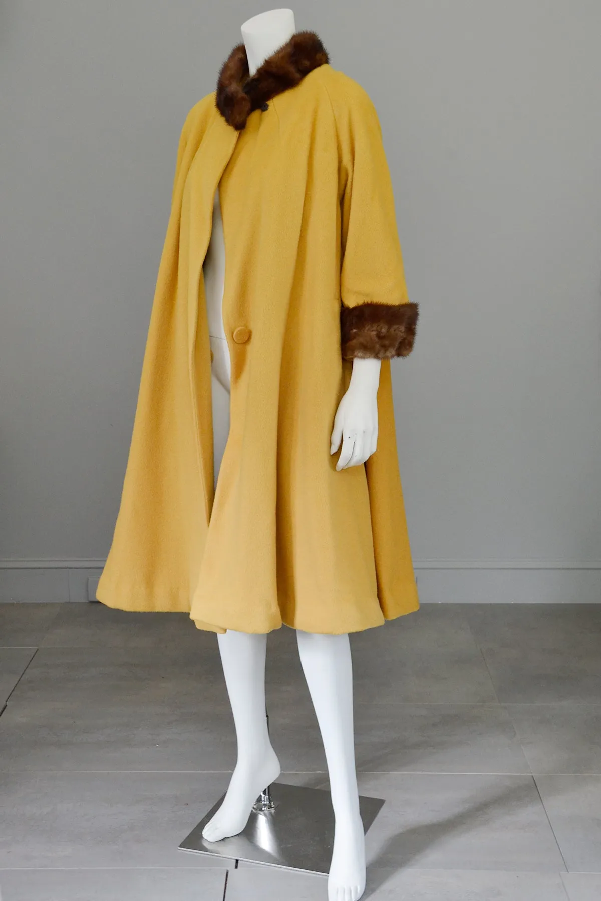 1950s 60s Mink Trim Goldenrod Swing Coat