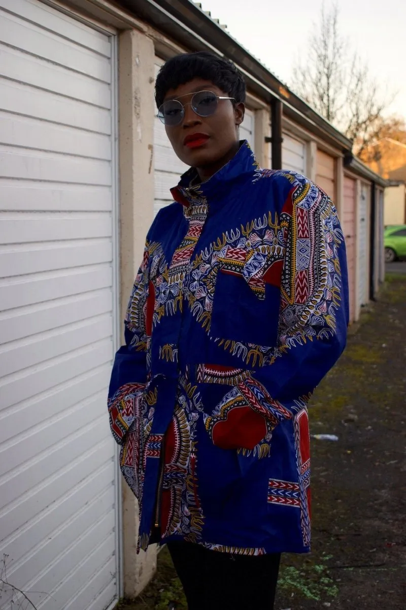 African Coat in Blue Dashiki - African Winter Coat