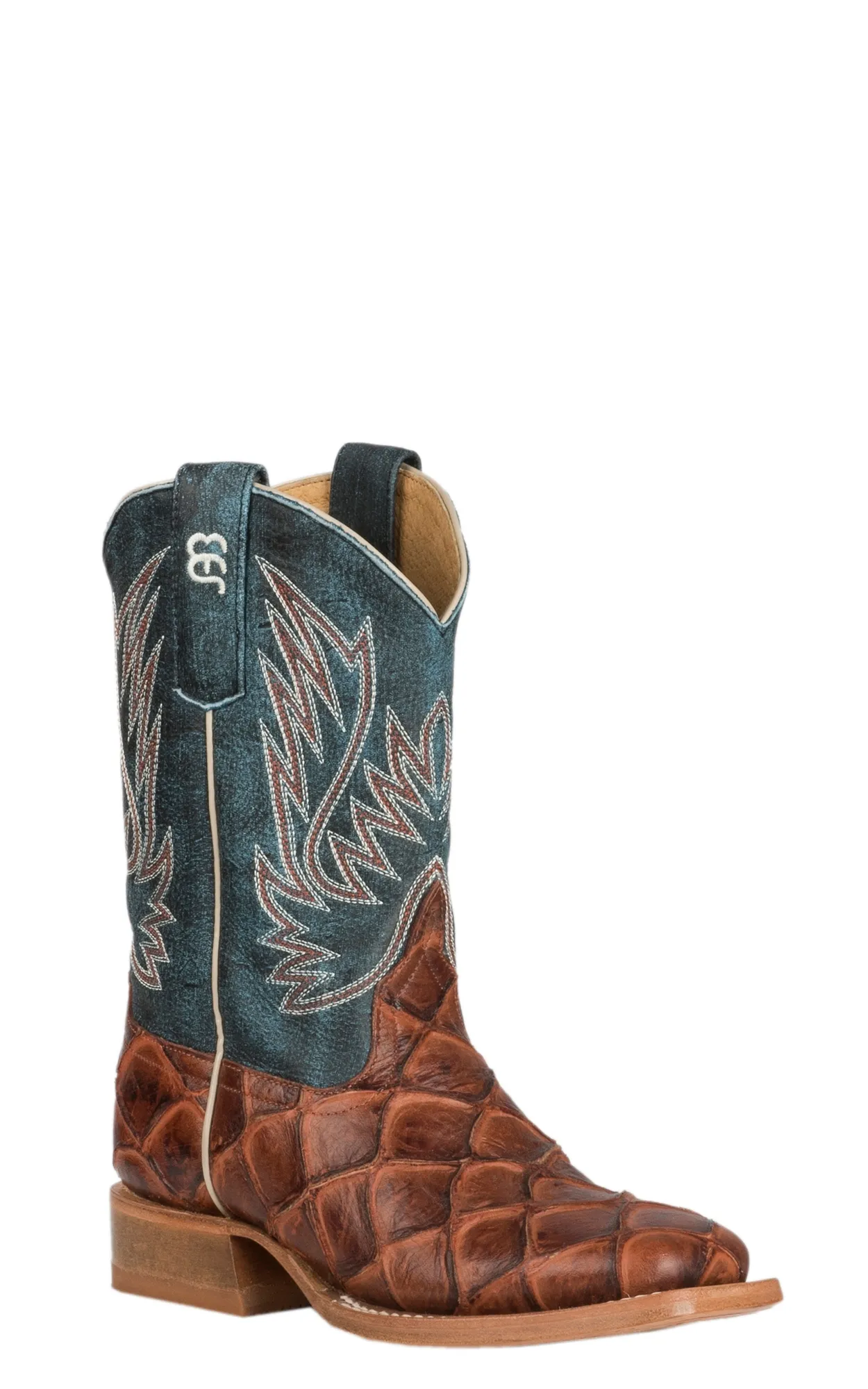 Anderson Bean Youth Horse Power Cognac Fish Print and Green Wide Square Toe Cowboy Boot