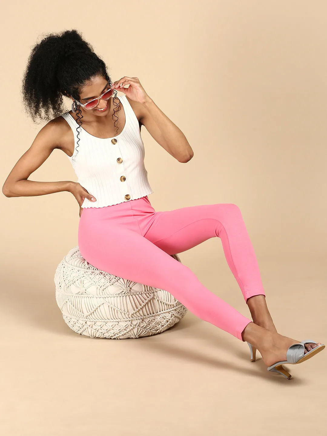 Ankle Length Leggings Cotton-Rani Pink