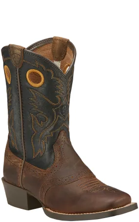 Ariat Kids Roughstock Distressed Brown with Black Square Toe Cowboy Boots