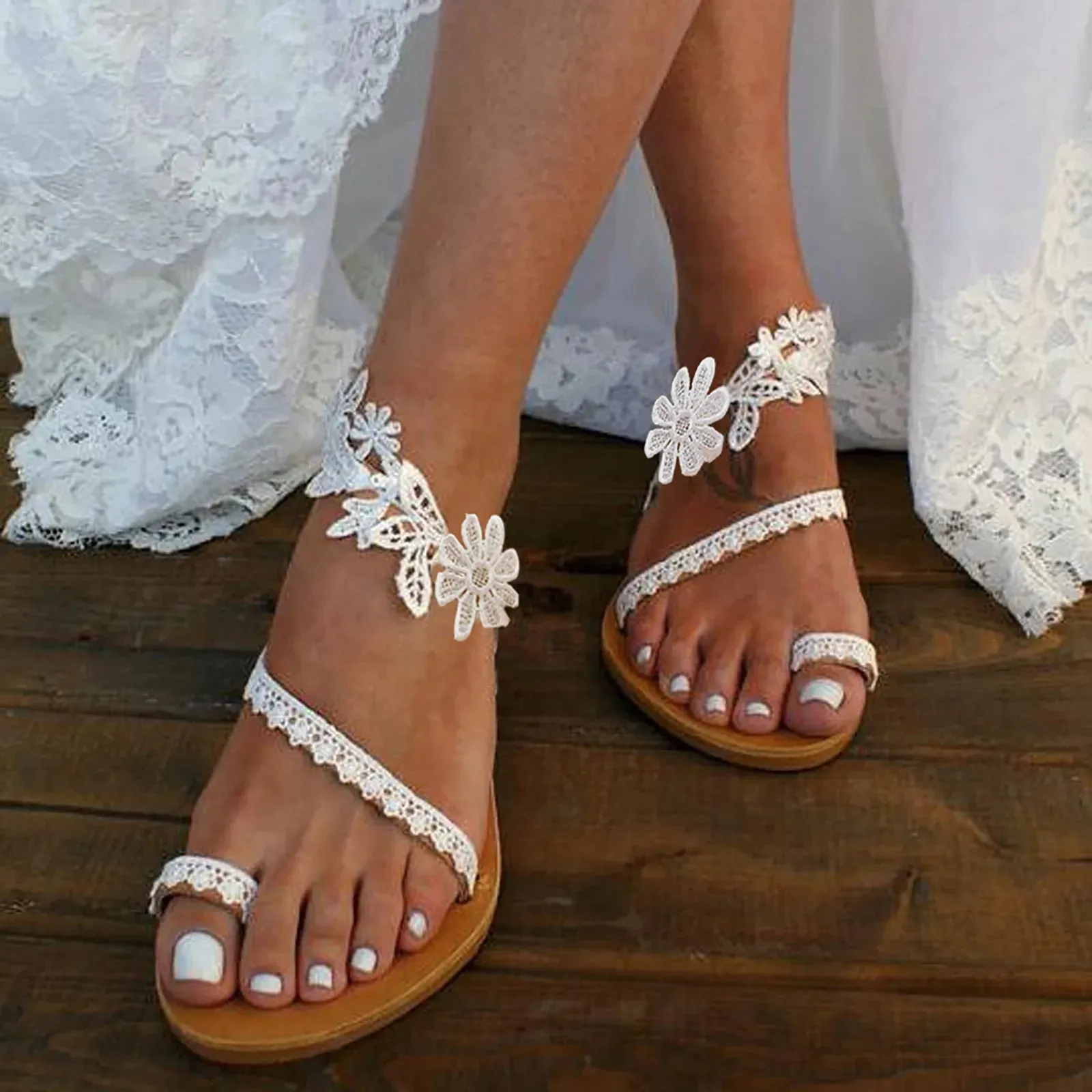 Bohemian Sexy White Lace Roman Sandals Slip-on Flat Shoes