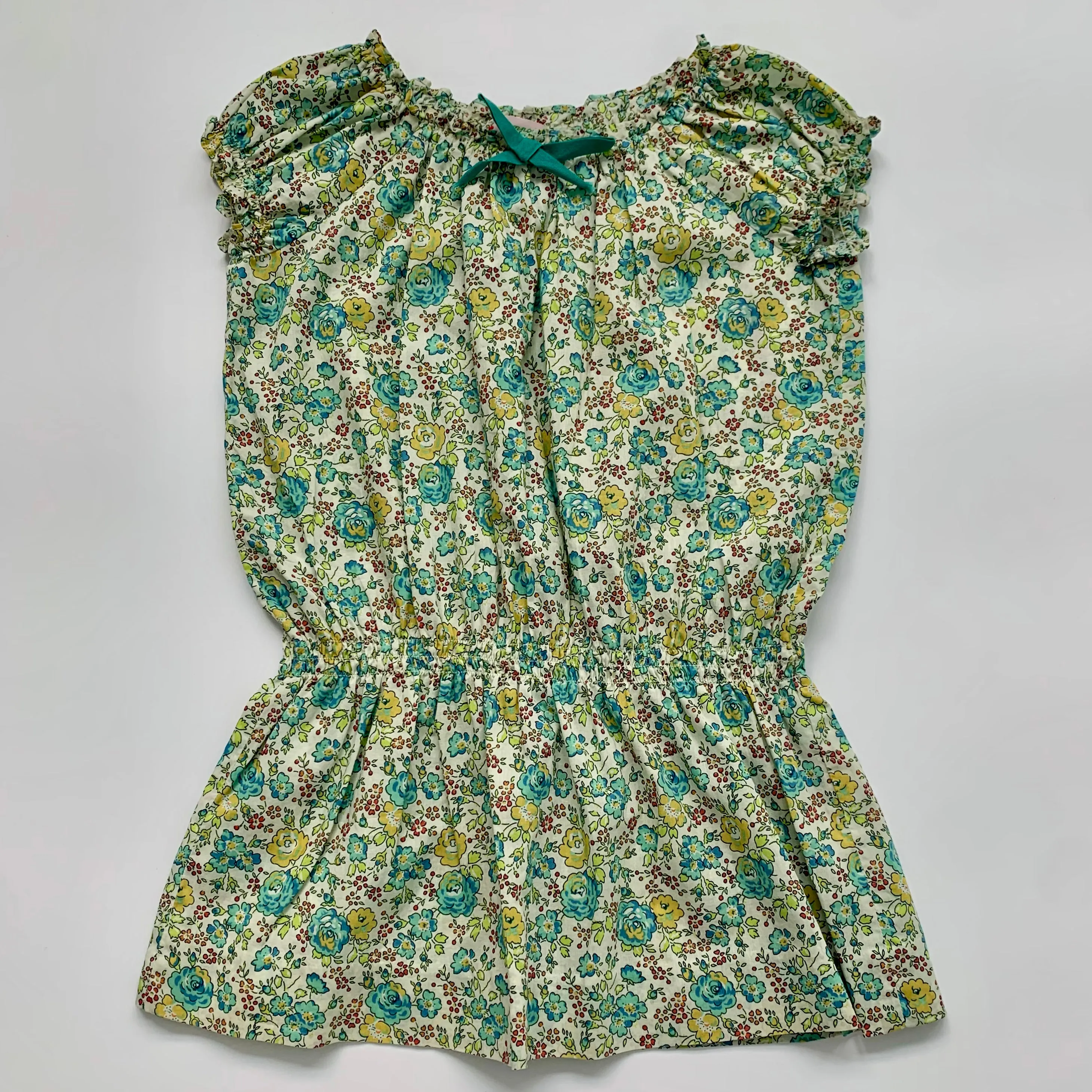 Bonpoint Green Liberty Print Dress With Gathered Waist: 4 Years