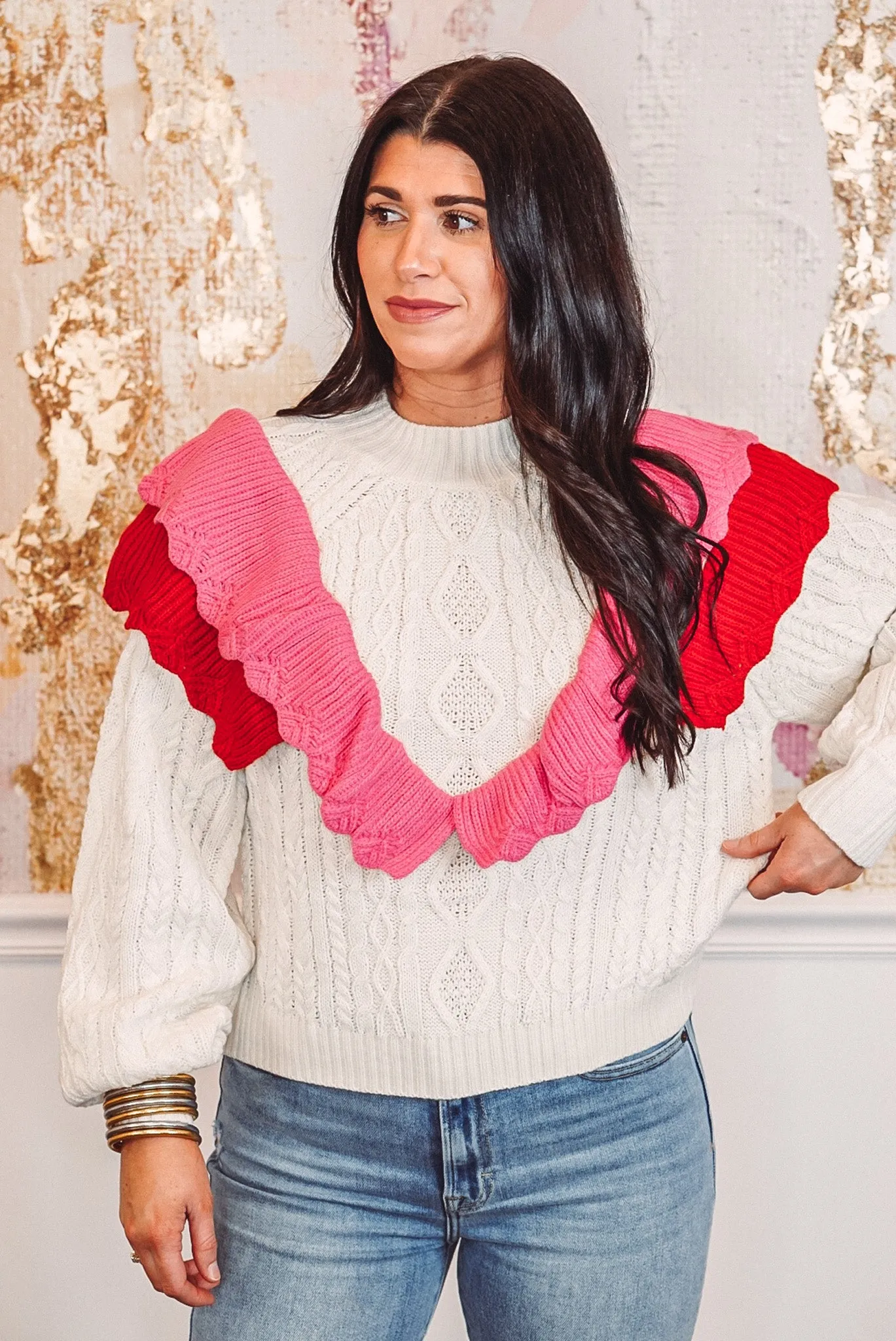 Cable Knit Frills Cream Sweater