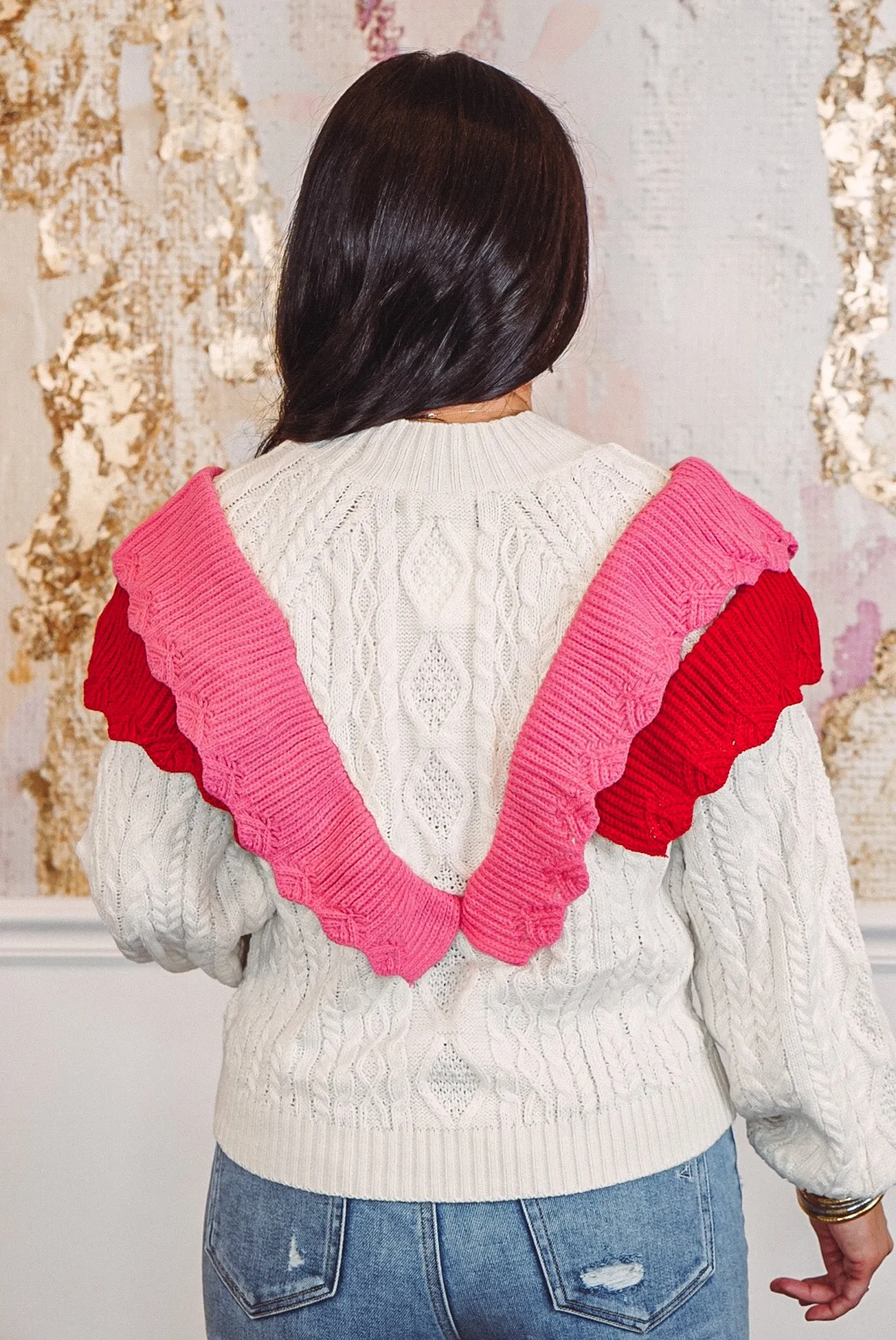 Cable Knit Frills Cream Sweater