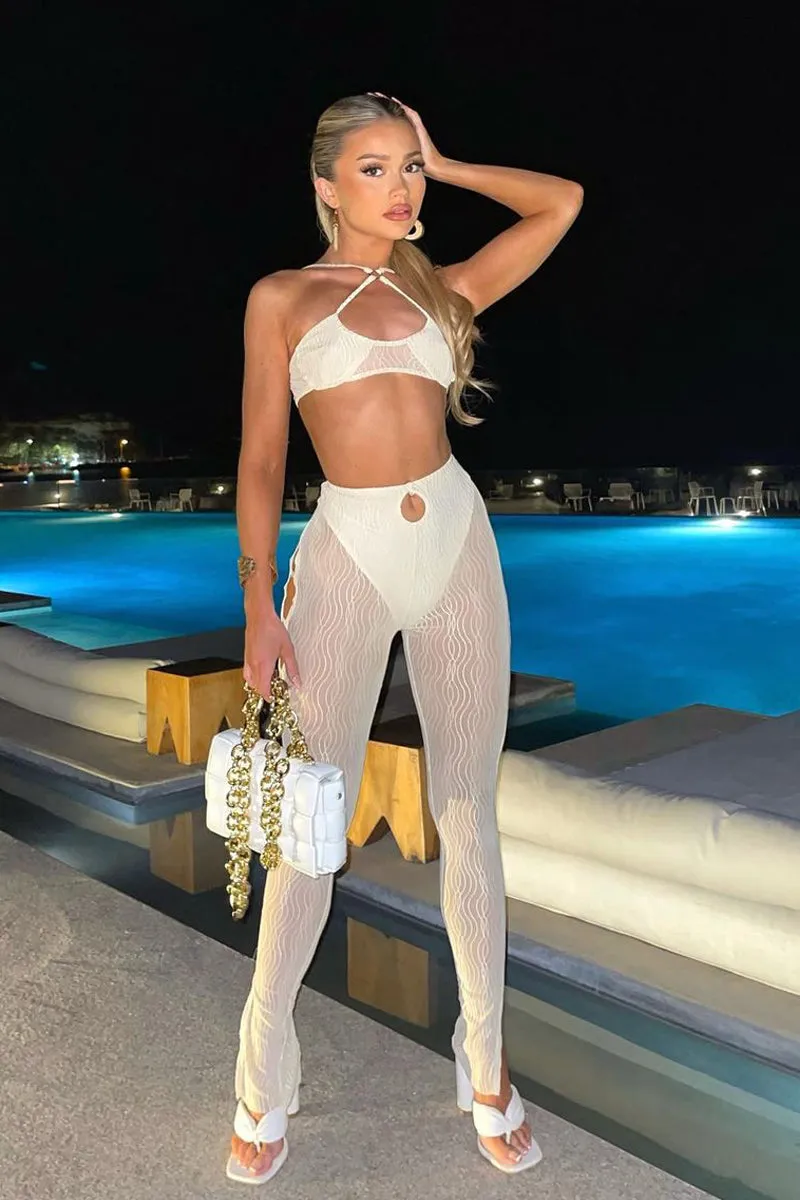 Cream Mesh Halter Neck Crop Top & Cut Out Leggings - Fara