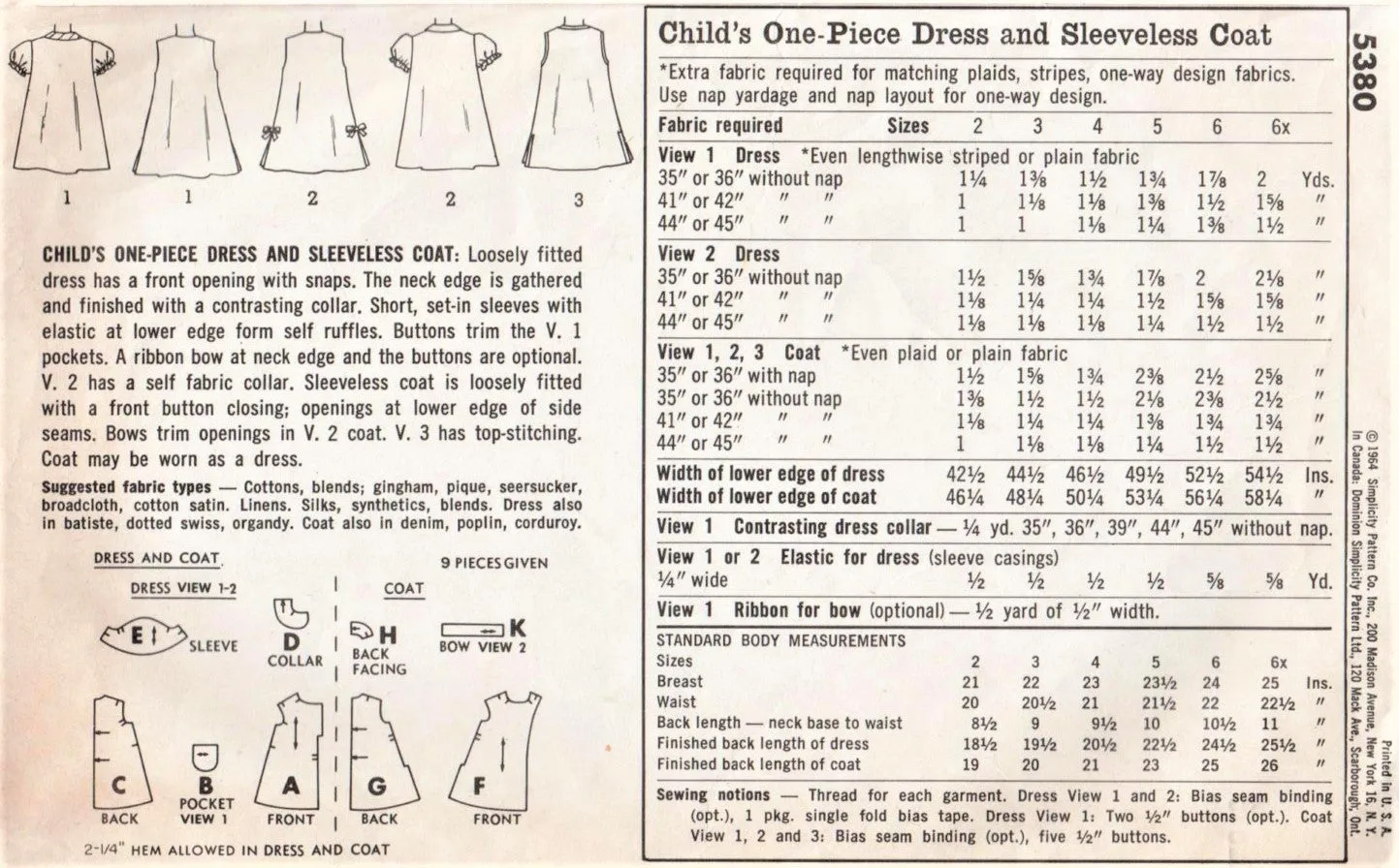 CUTE 60s Toddler Little Girls Dress Pattern SIMPLICITY 5380 Dress and Sleeveless Coat Sweet Style Size 6X Childrens Vintage Sewi