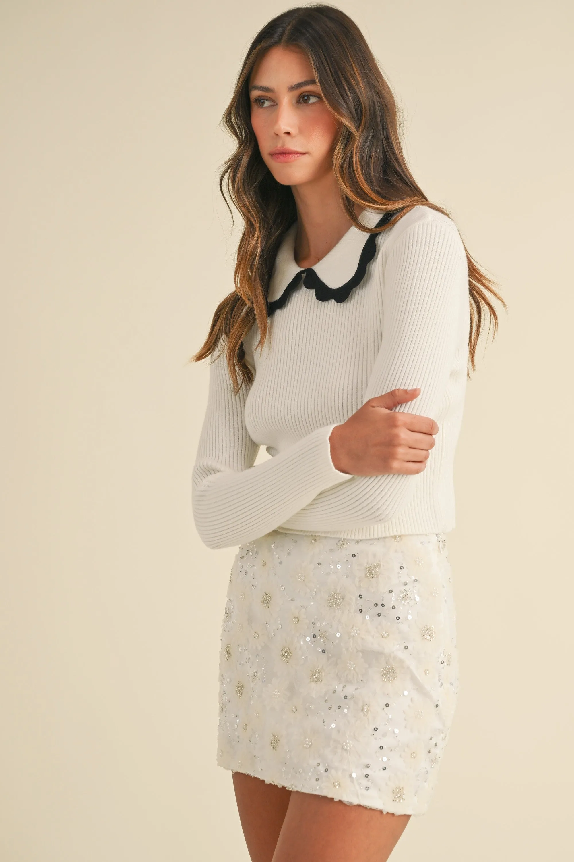 Frankie Scalloped Collar Sweater in Off White