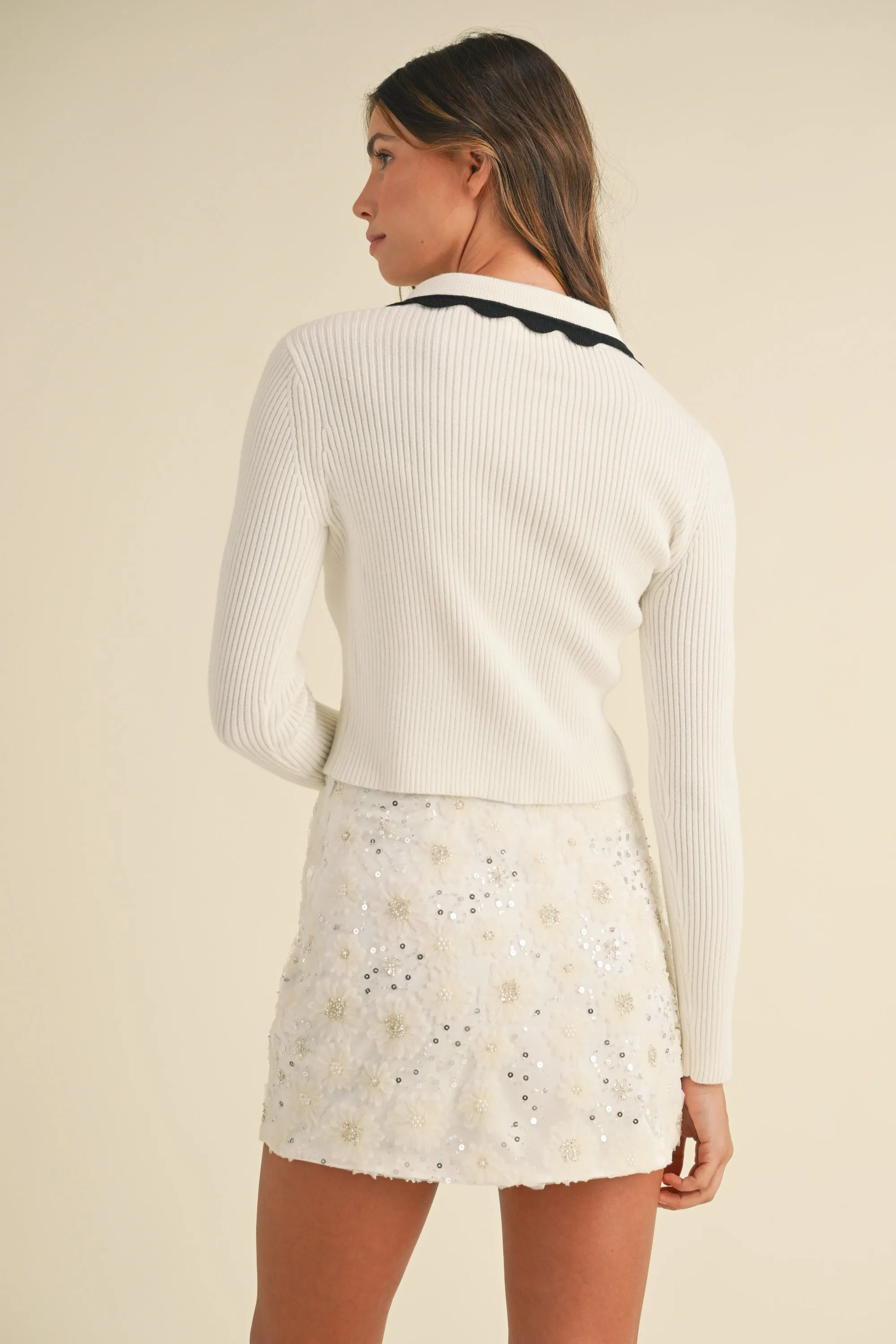 Frankie Scalloped Collar Sweater in Off White