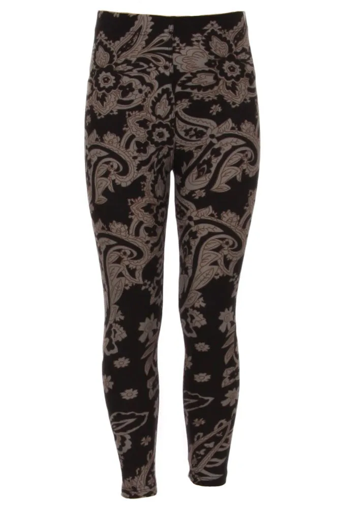 Girl's Taupe Color Paisley Pattern Print Leggings - Black Grey