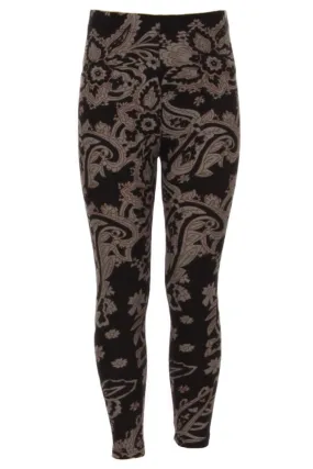 Girl's Taupe Color Paisley Pattern Print Leggings - Black Grey