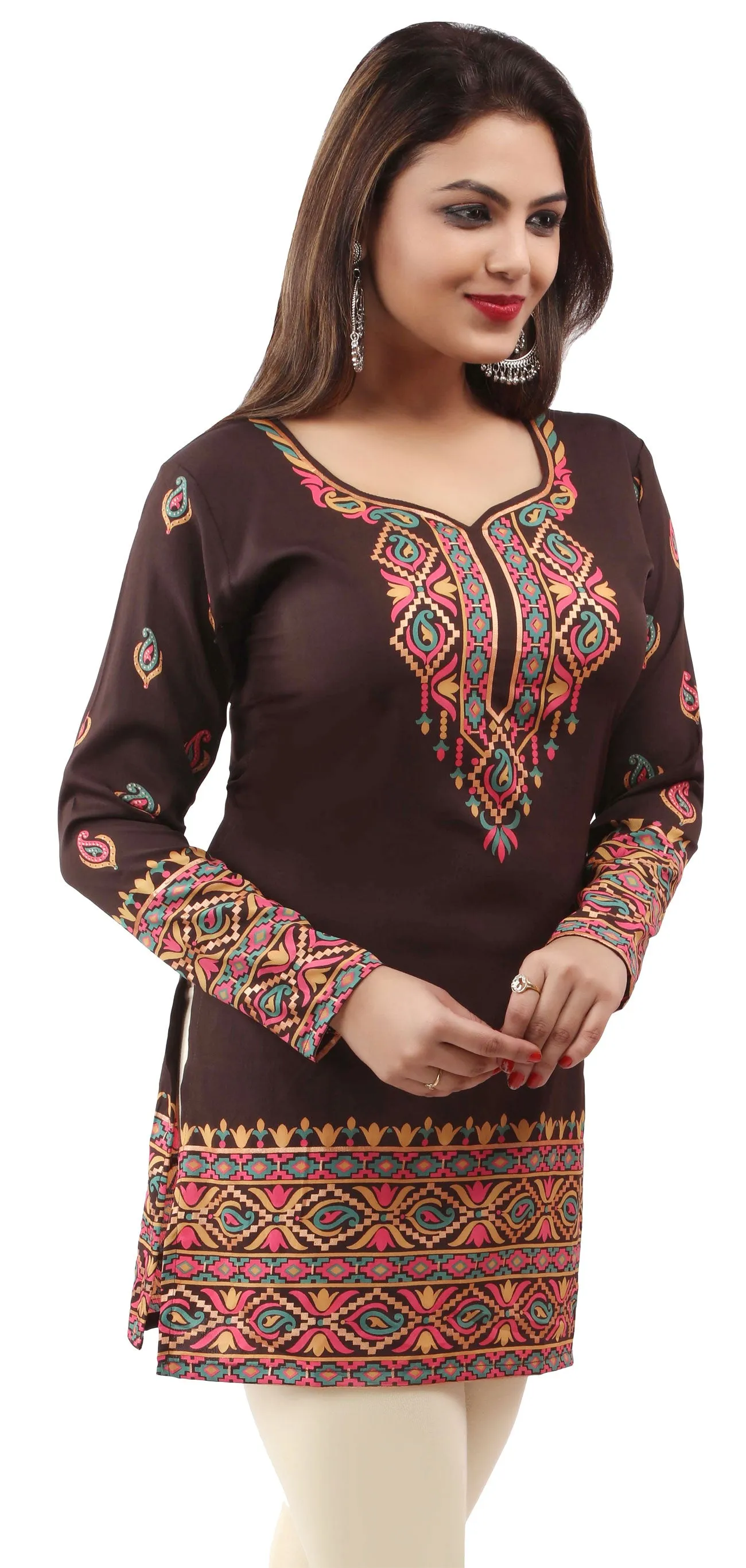 India Blouse Tunic Top Kurti Women's Printed Indian Apparel (Brown)