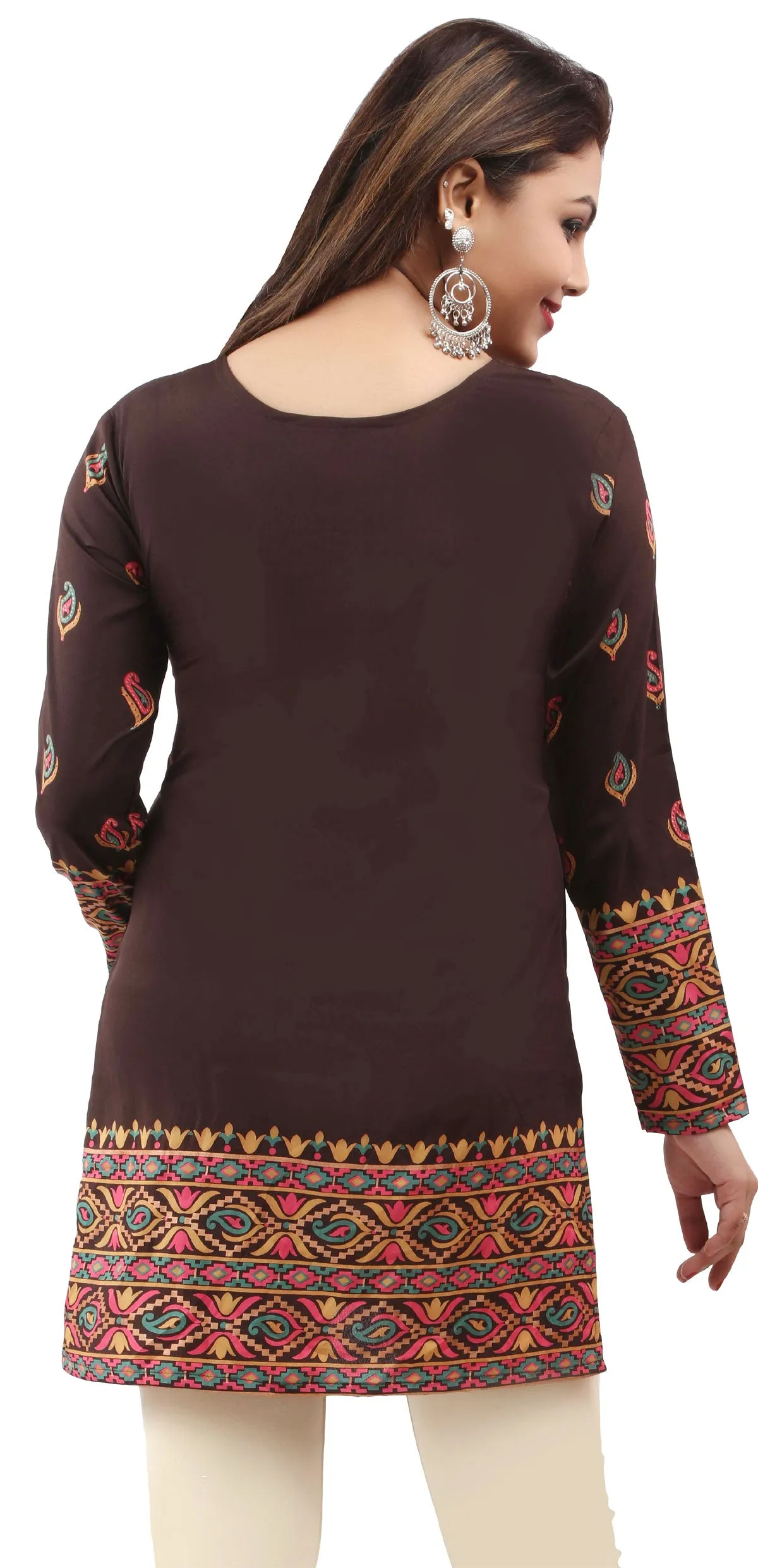 India Blouse Tunic Top Kurti Women's Printed Indian Apparel (Brown)