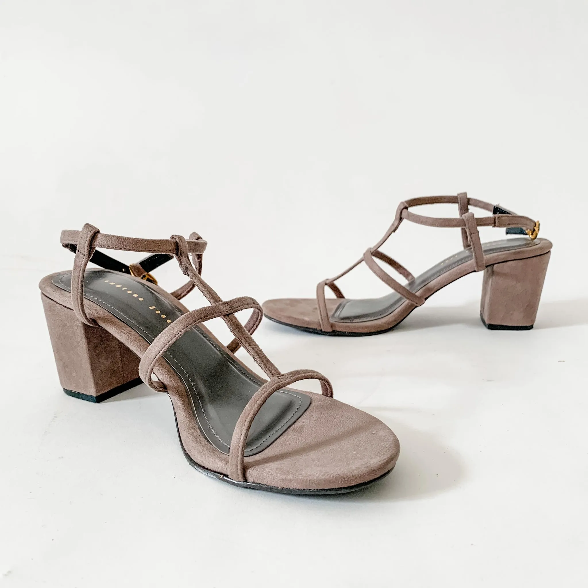 KATY Taupe Vintage Cage Strap Block Heels Sandals