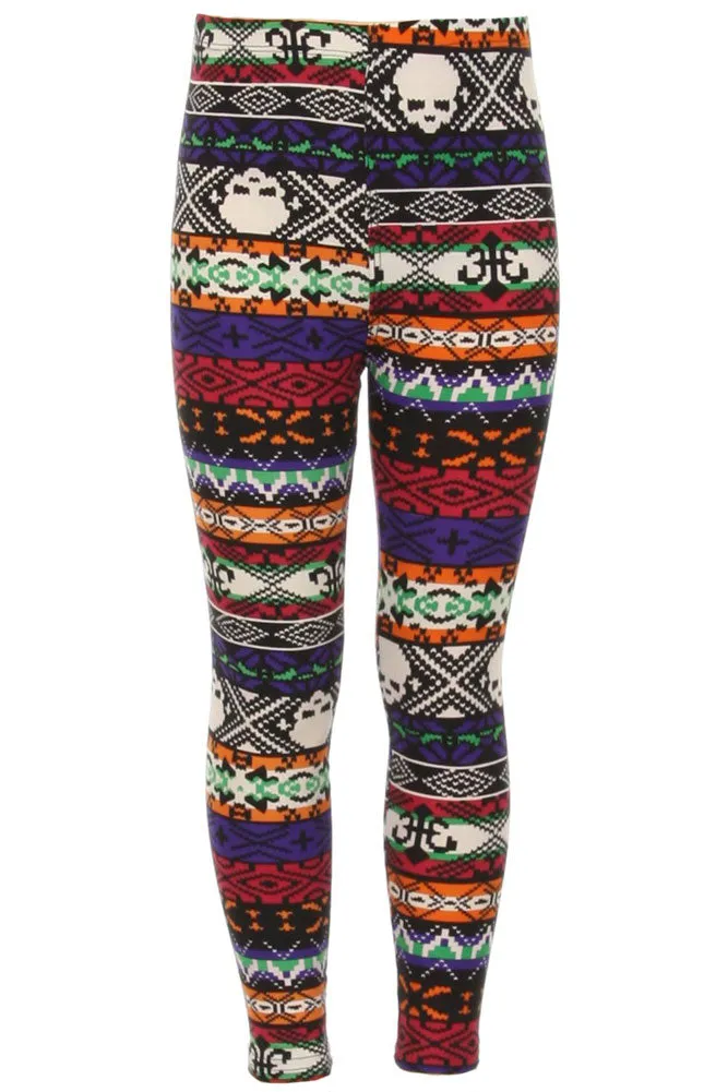 Kid's Skull & Mixed Ancient Pattern Printed Leggings