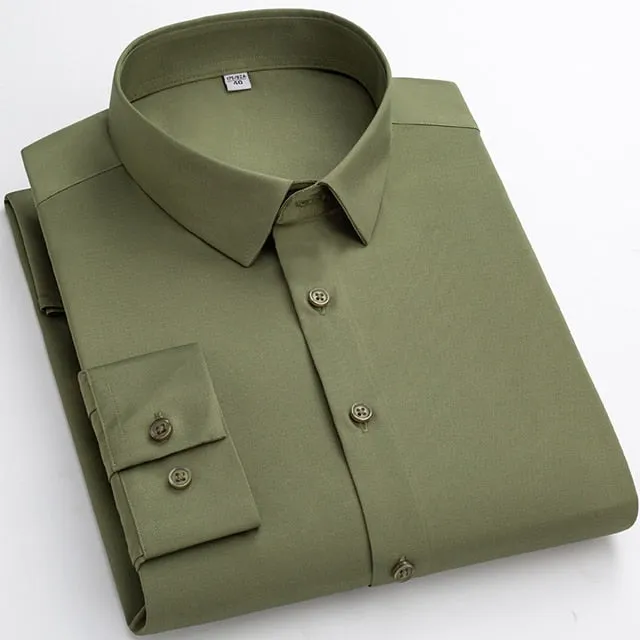 Men's Army Green Wrinkle Free Stretchy Pocketless Long Sleeve Shirts