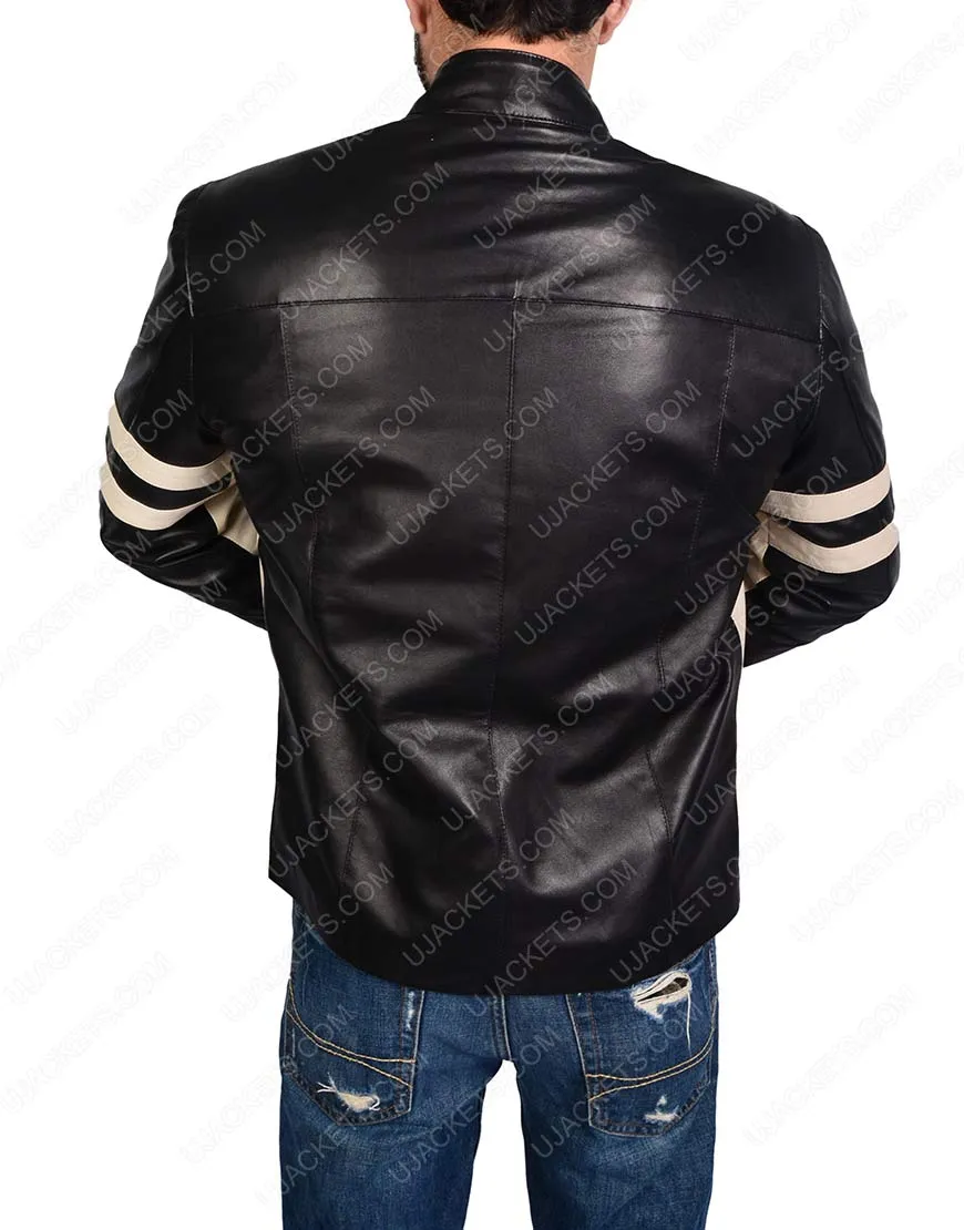 Mens Black Biker Jacket - White Leather Stripes | Ujackets