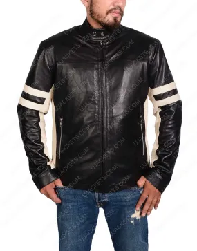 Mens Black Biker Jacket - White Leather Stripes | Ujackets