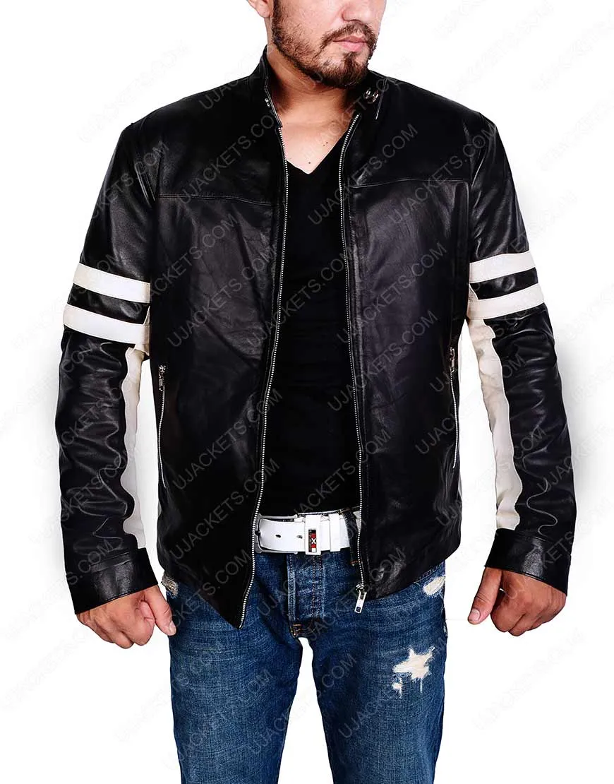 Mens Black Biker Jacket - White Leather Stripes | Ujackets