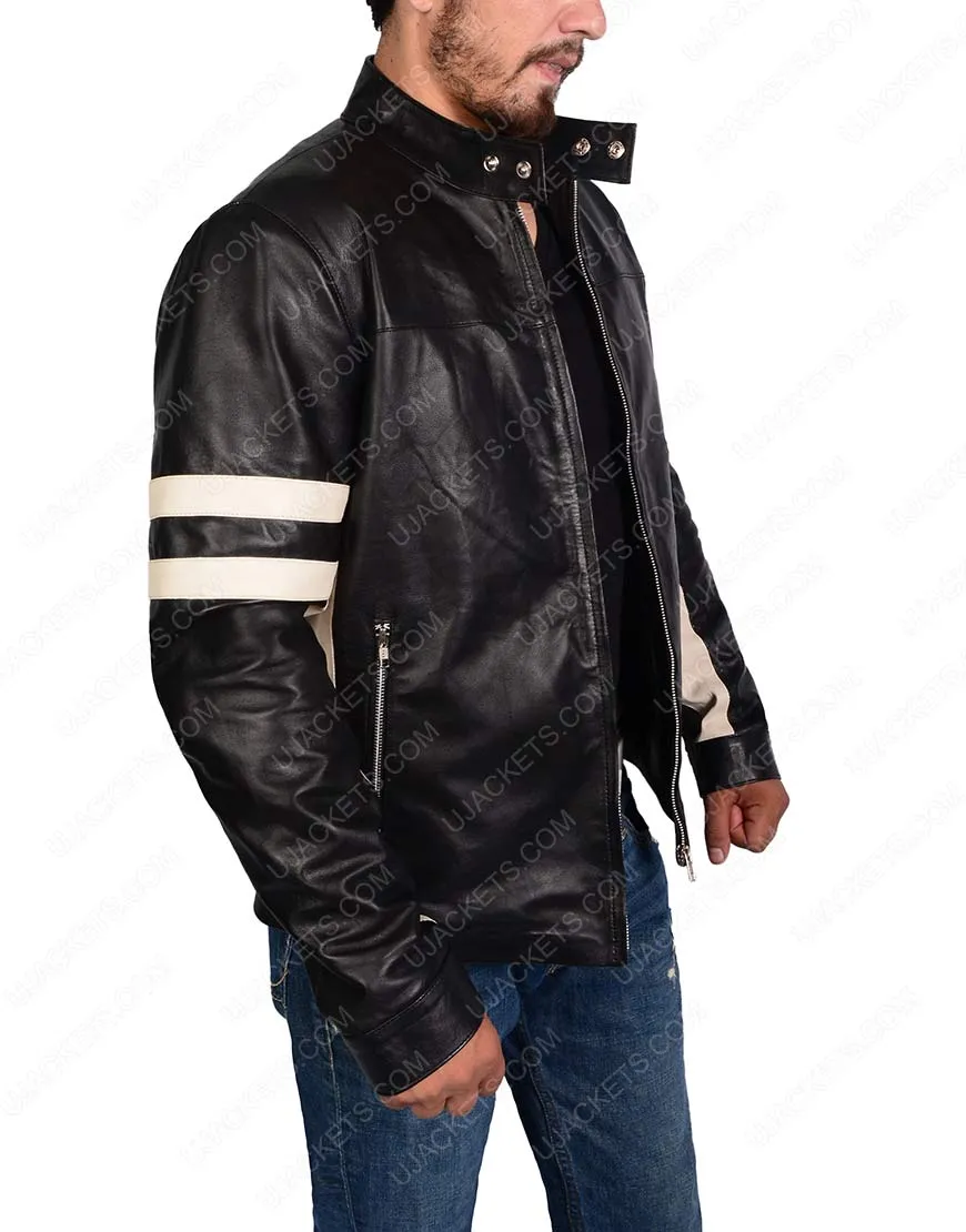 Mens Black Biker Jacket - White Leather Stripes | Ujackets