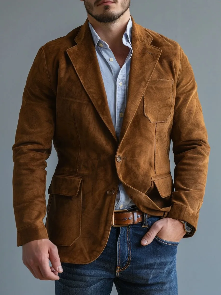 Men's Multi-Pocket Single-Breasted Lapel Casual Suede Vintage Blazer