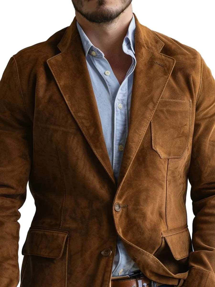 Men's Multi-Pocket Single-Breasted Lapel Casual Suede Vintage Blazer