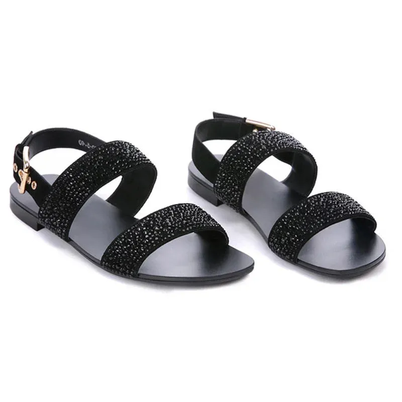 Men's Super Star Summer Black Golden Rhinestone Leather Big Size Sandals