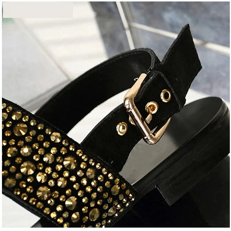 Men's Super Star Summer Black Golden Rhinestone Leather Big Size Sandals