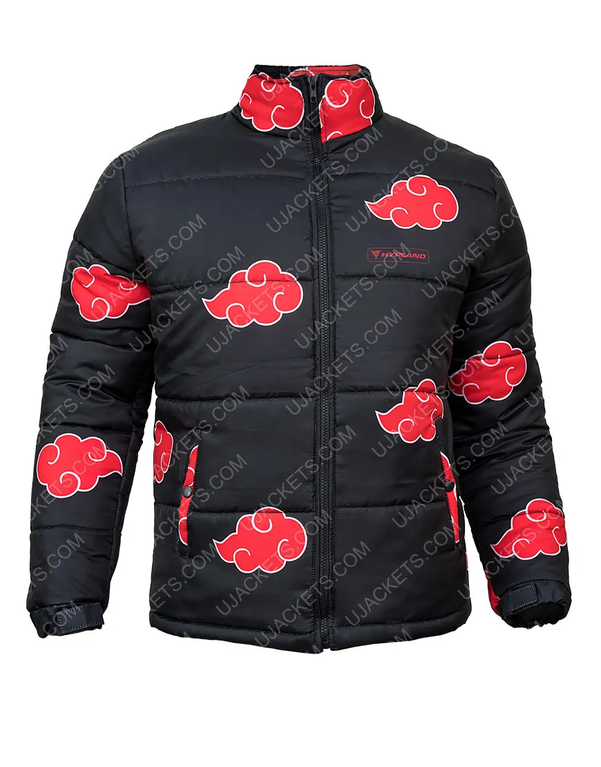 Naruto Akatsuki Black Puffer Jacket | Printed Puffer Jacket | Ujackets.com