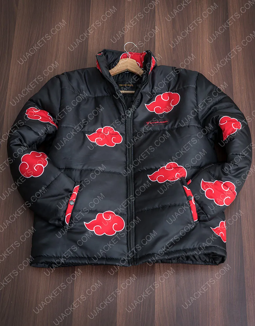 Naruto Akatsuki Black Puffer Jacket | Printed Puffer Jacket | Ujackets.com