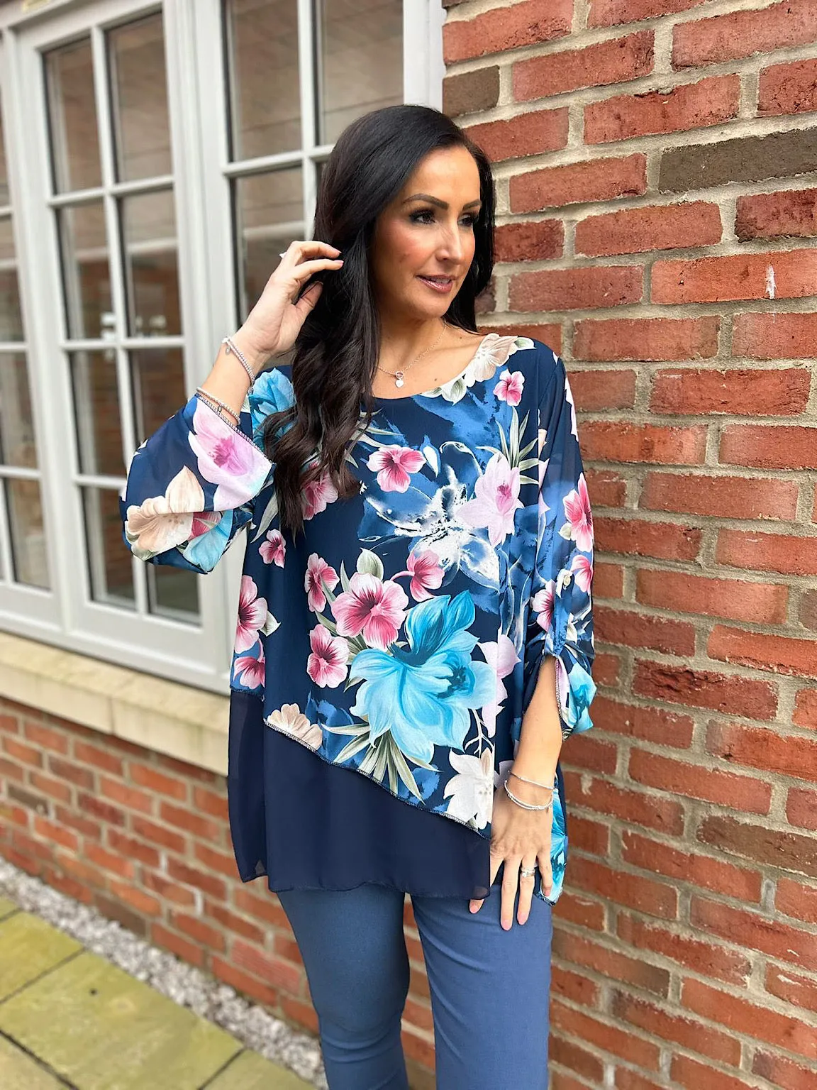 Navy Chiffon Layered Floral Blouse Sienna