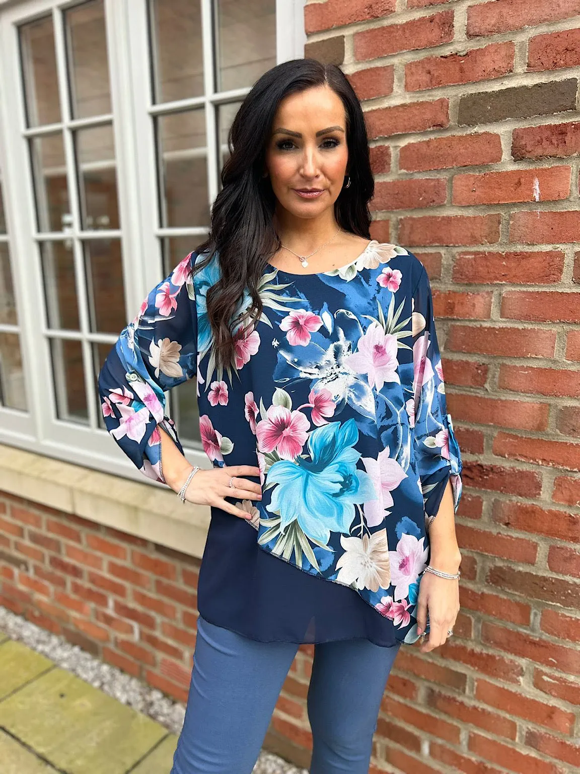 Navy Chiffon Layered Floral Blouse Sienna