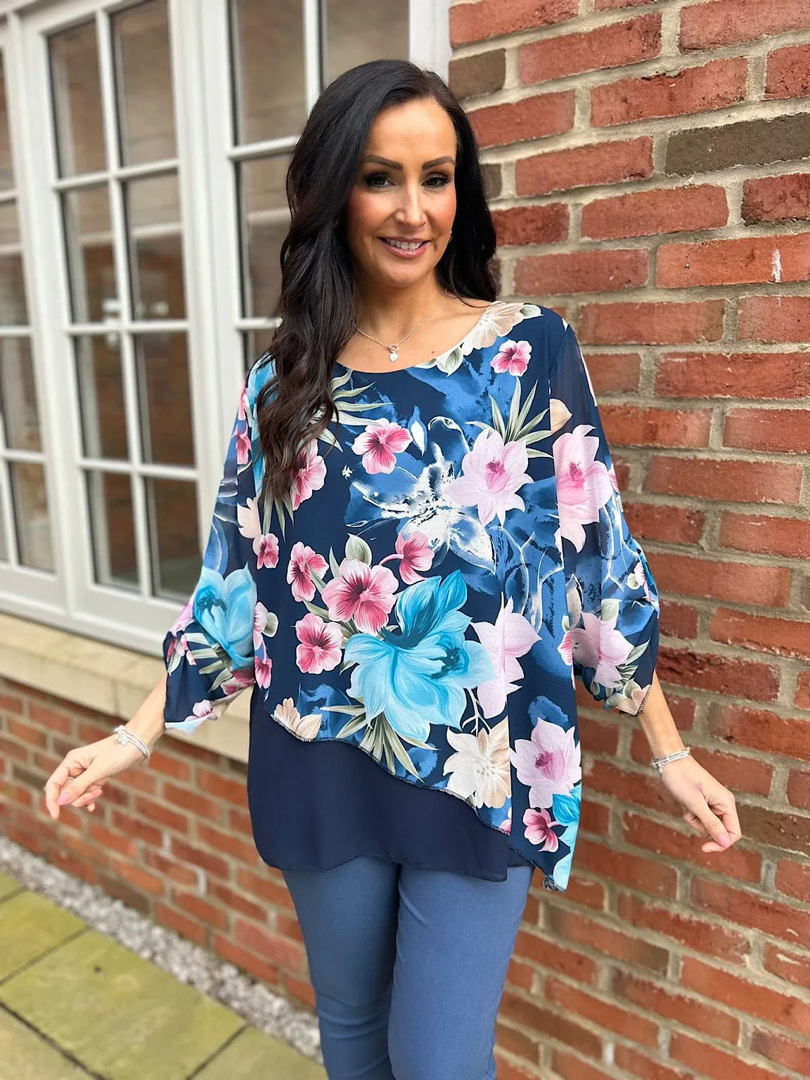 Navy Chiffon Layered Floral Blouse Sienna