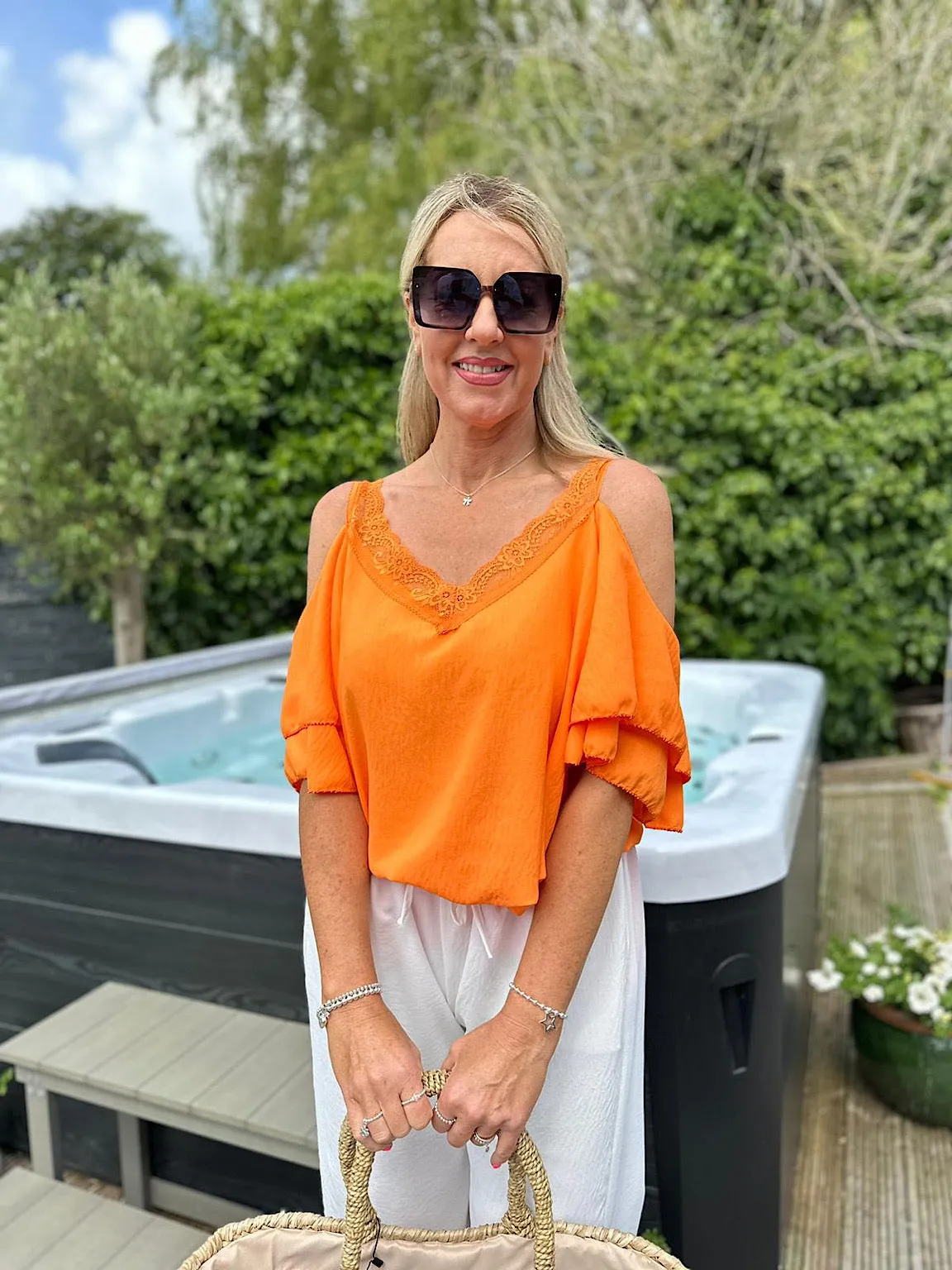 Orange Lace Cold Shoulder Top Pia