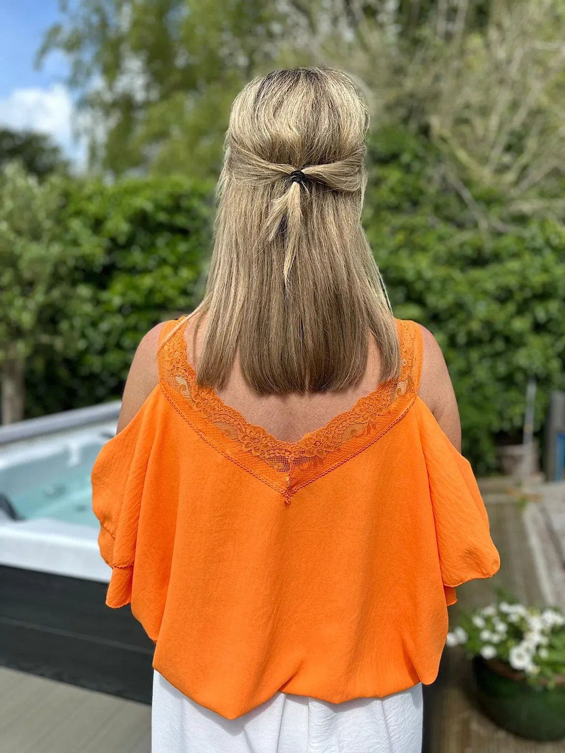 Orange Lace Cold Shoulder Top Pia