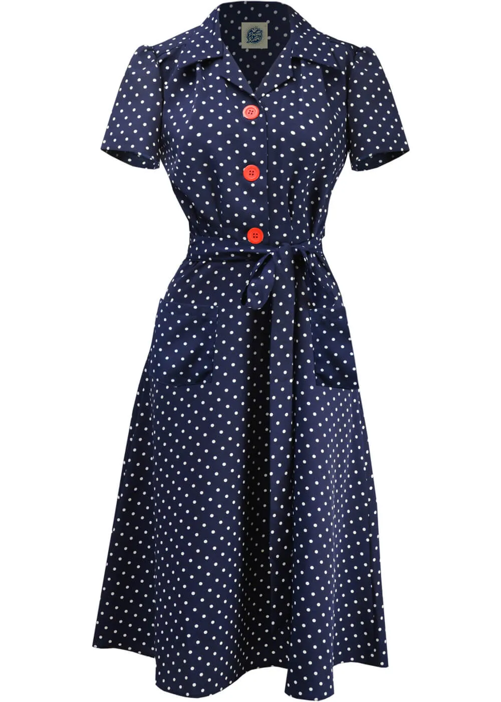 Pretty Retro Landgirl Polkadot 40's A-Line Dress Navy