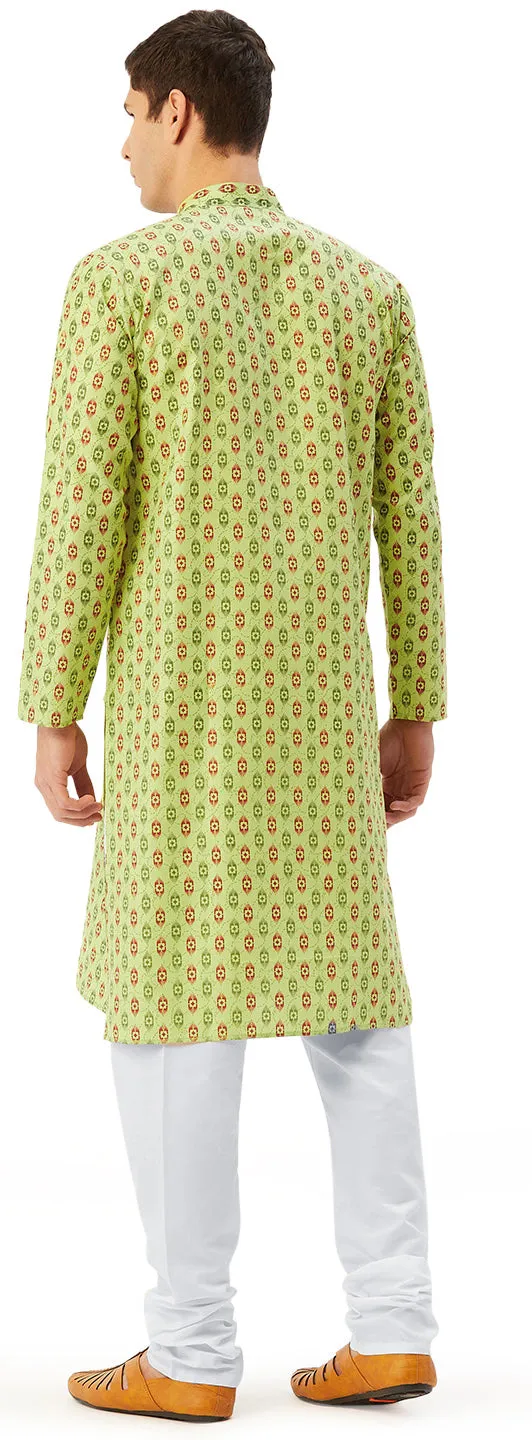 Printed Men's Cotton Kurta Pajama Casual Wear India Apparel (Green)