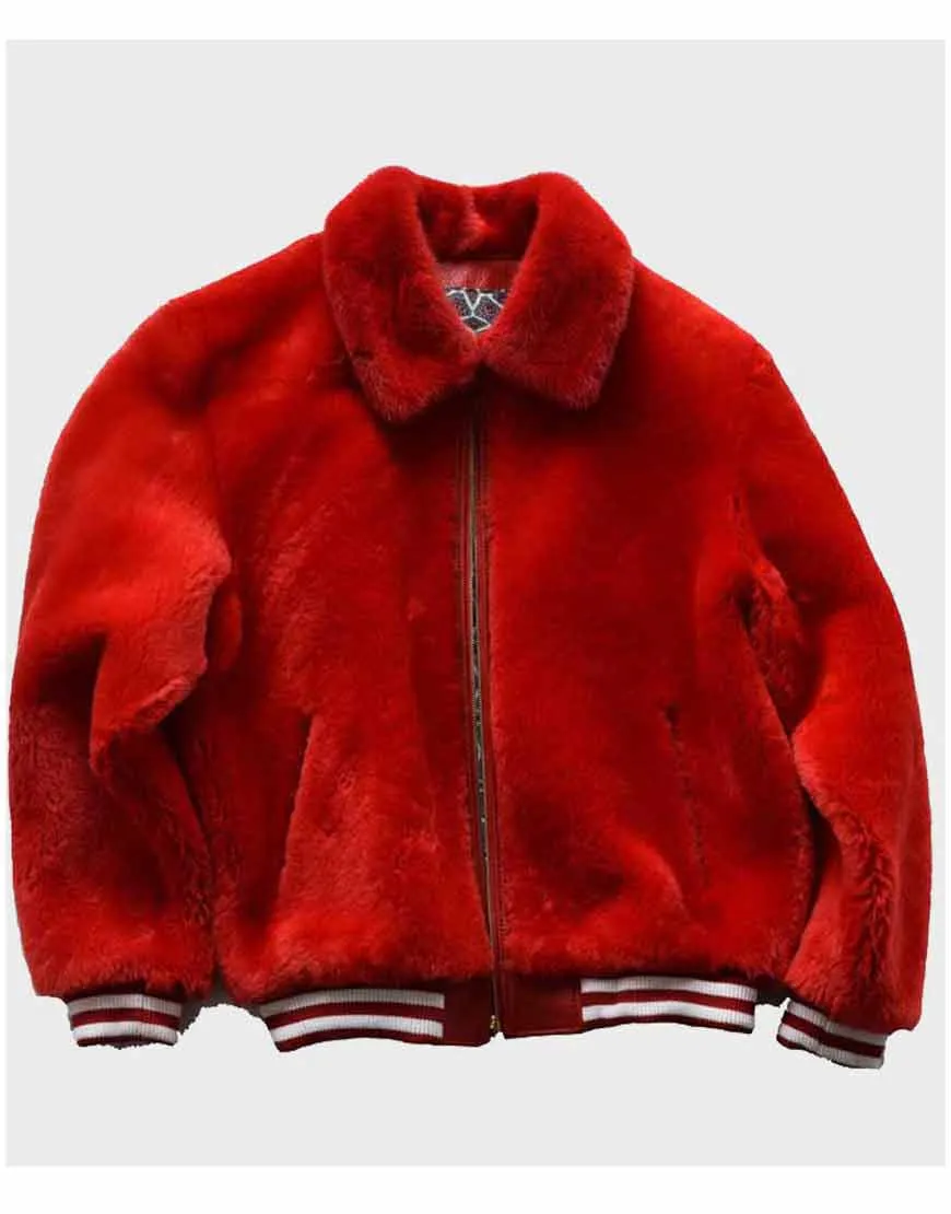 Red Shearling Bomber Jacket | Red Sheep Fur Varsity Jacket | Ujackets