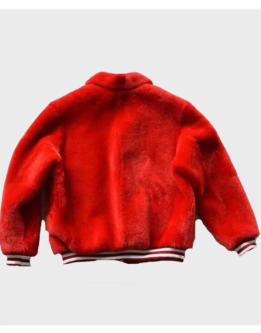 Red Shearling Bomber Jacket | Red Sheep Fur Varsity Jacket | Ujackets