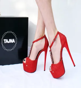 Red Shimmer Ankle Strap Peep Toe