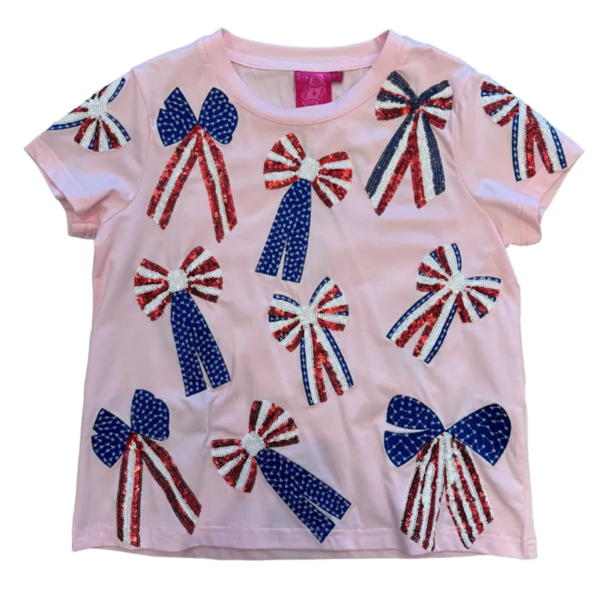 Red, White and Blue Scattered Bow Pink Tee - Women's