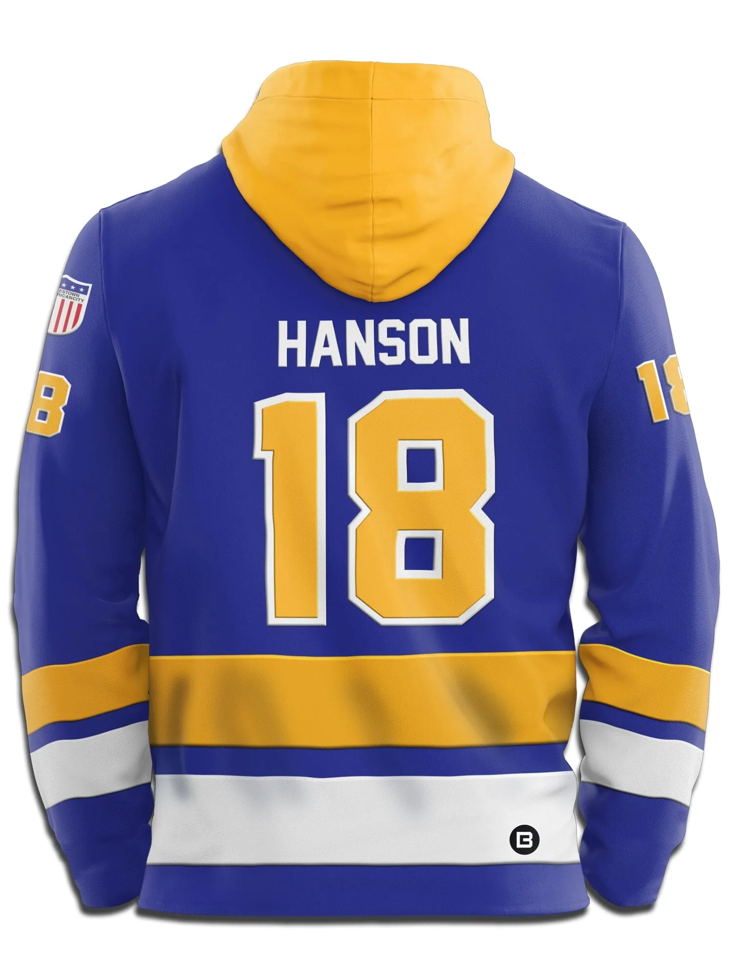 Slapshot Charlestown Chiefs Hanson #18 Blue Hockey Hoodie