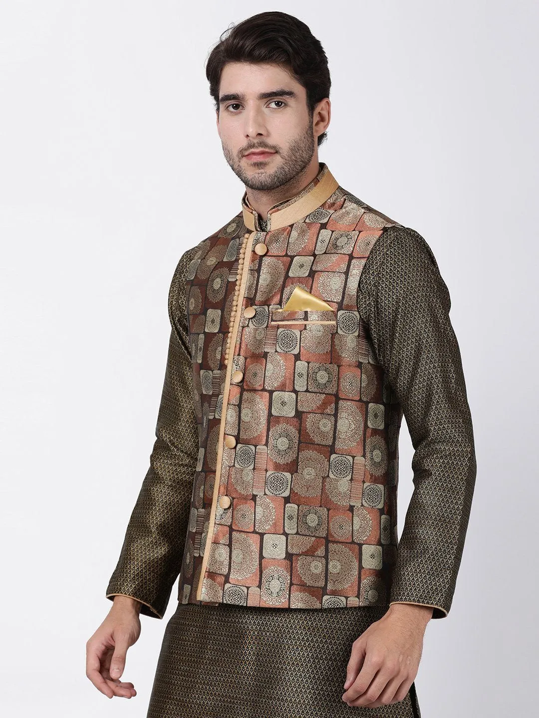 VASTRAMAY Men's Brown Cotton Silk Blend Ethnic Jacket