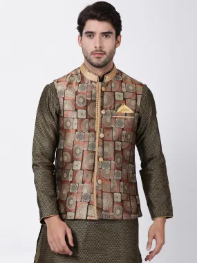 VASTRAMAY Men's Brown Cotton Silk Blend Ethnic Jacket