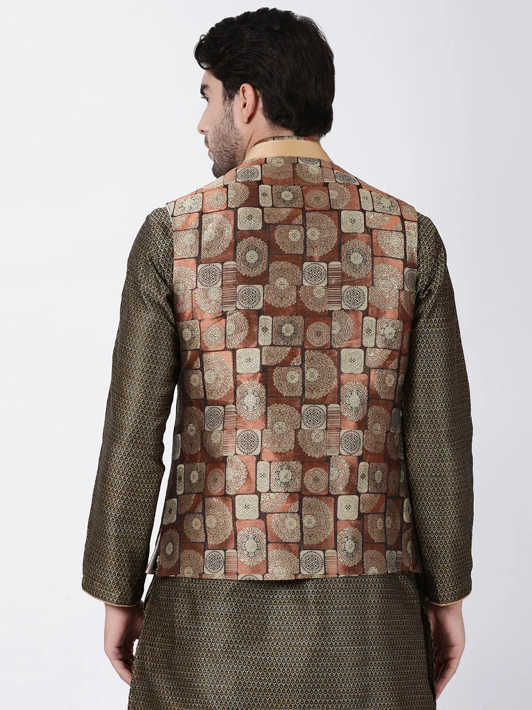 VASTRAMAY Men's Brown Cotton Silk Blend Ethnic Jacket