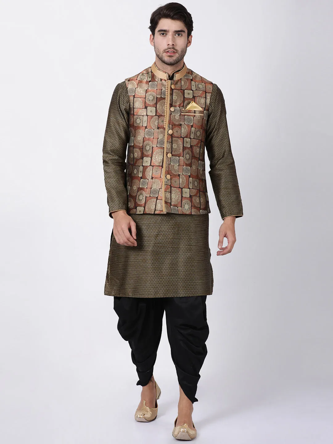 VASTRAMAY Men's Brown Cotton Silk Blend Ethnic Jacket