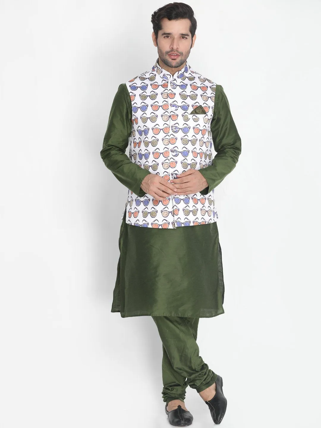 VASTRAMAY Men's Green Cotton Blend Kurta, Ethnic Jacket and Pyjama Set