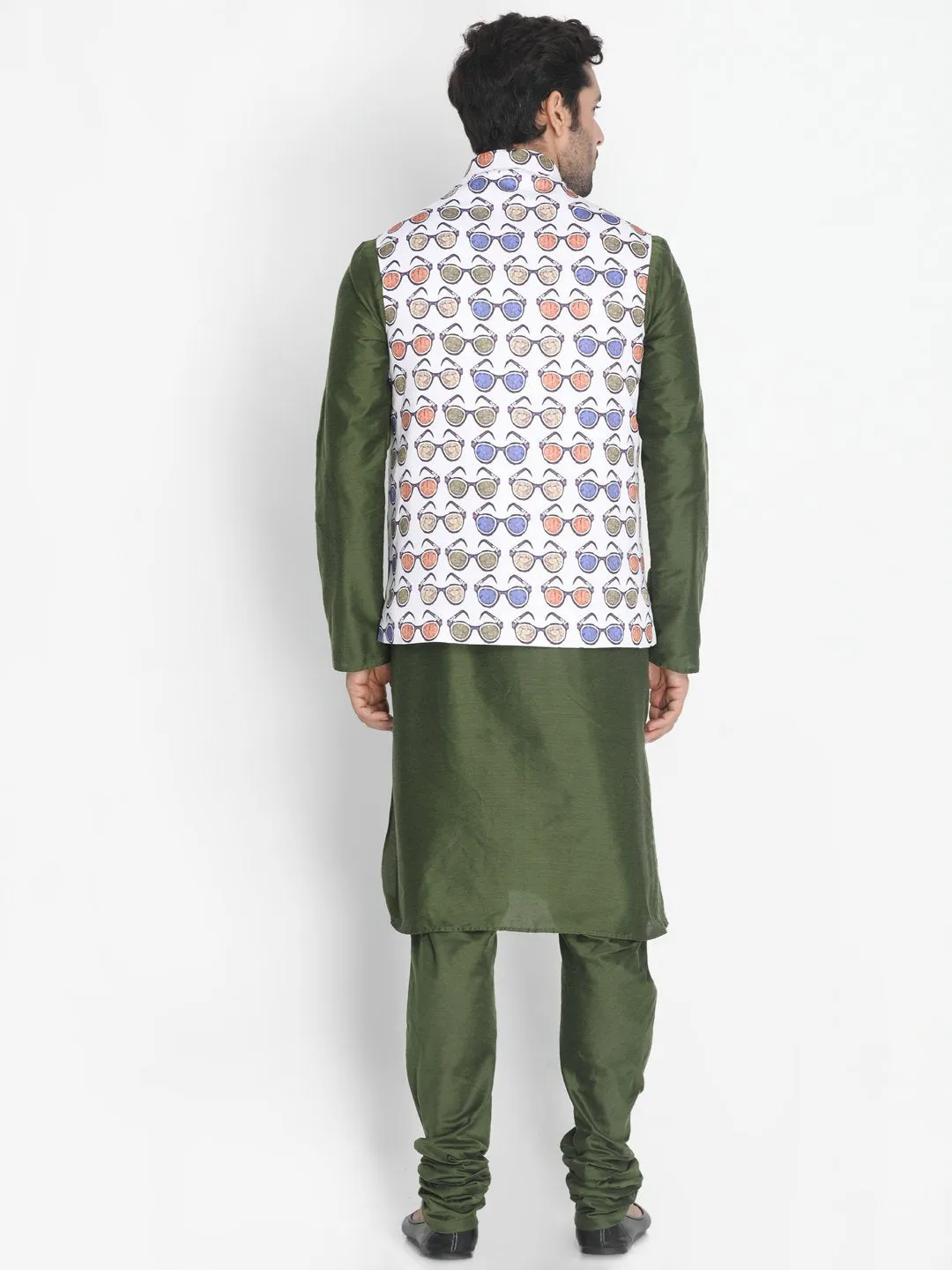 VASTRAMAY Men's Green Cotton Blend Kurta, Ethnic Jacket and Pyjama Set